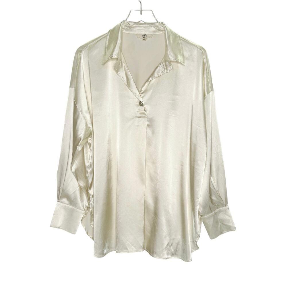 Entro The Lexi Top M Ivory Satin Collared V Neck Long Sleeve Oversized